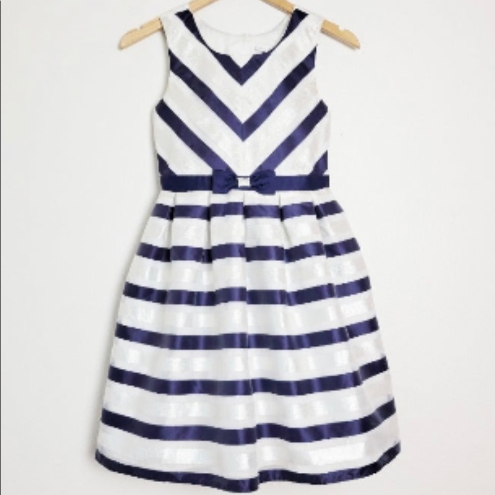 Jona Michelle~Navy Blue, Silver & White Striped Sleeveless Dress